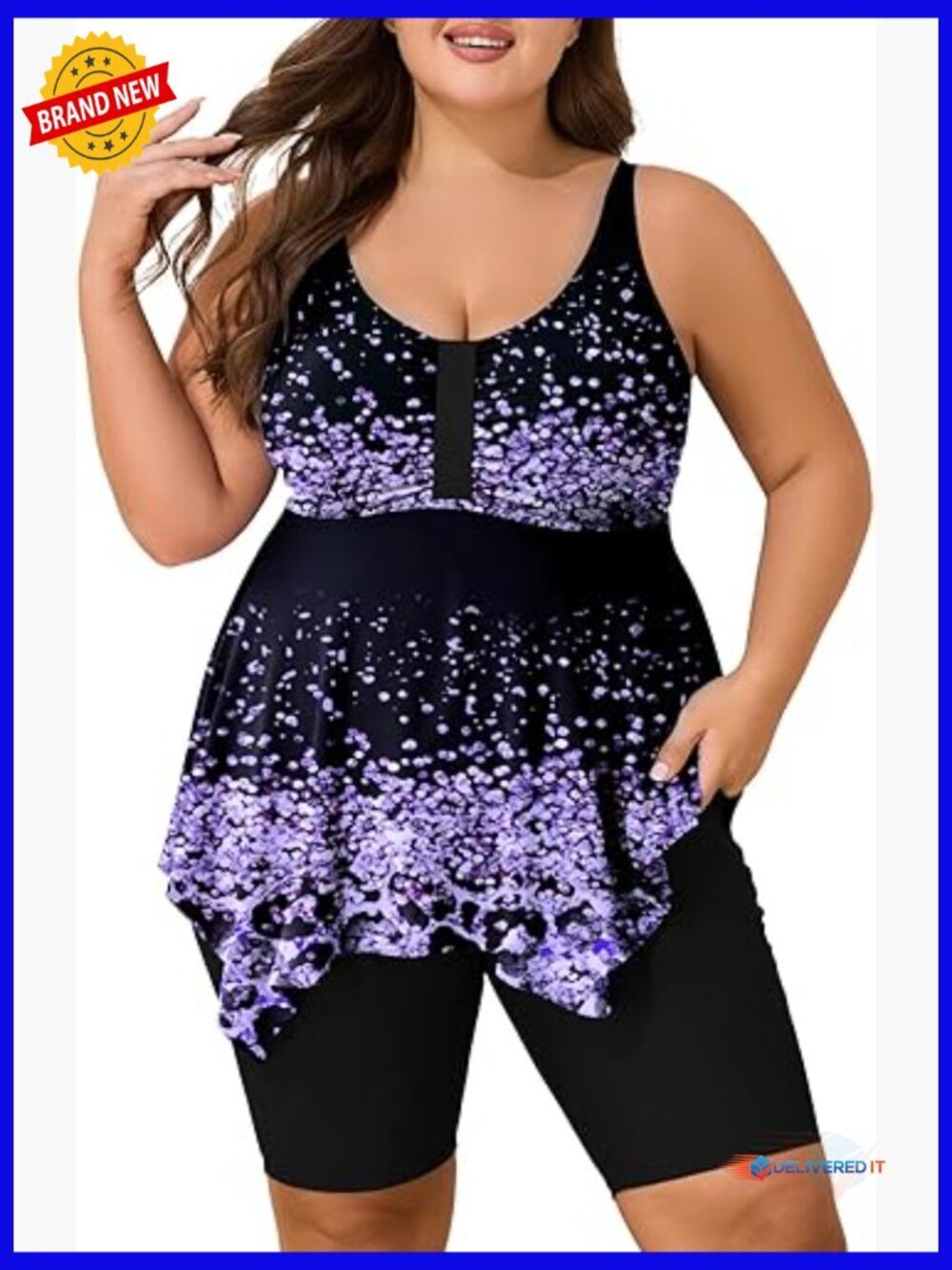 Plus Size Two Piece Tankini Swimsuit with Capris Tummy Control Bathing Suit Set